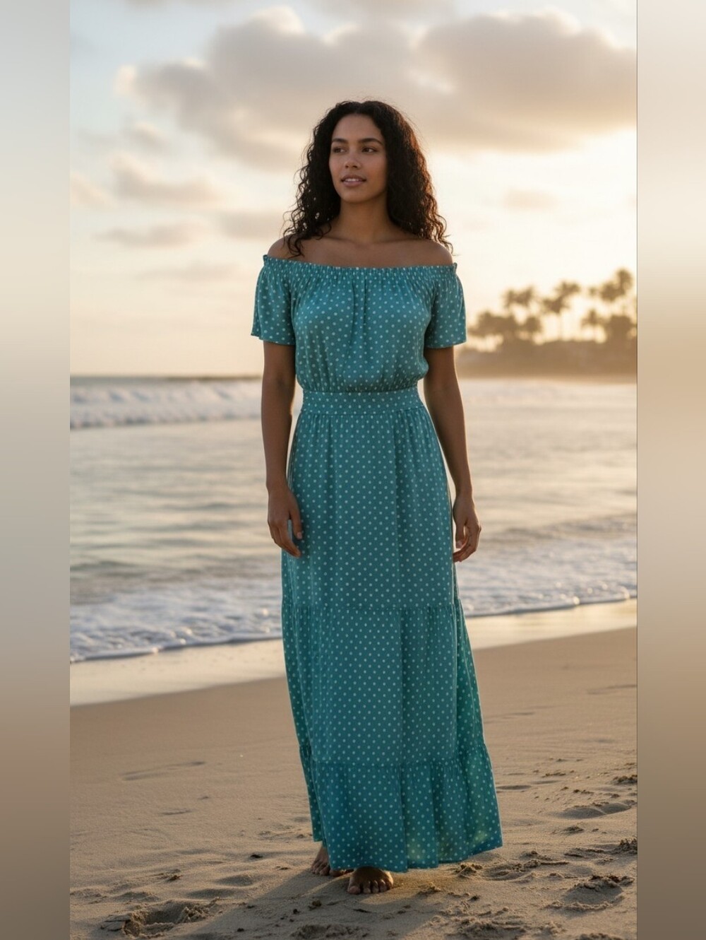 Green Polka Dot Off-Shoulder Dress